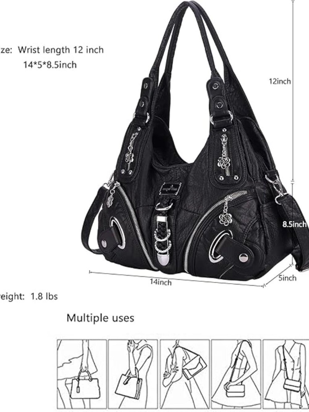 Elegant Black Shoulder Bag, Angelkiss, Soft Vegan Leather - Picture 4 of 6